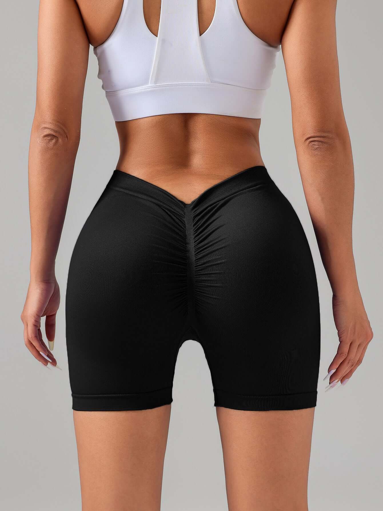 Female V-shape Waist Scrunch Elastic Tight High-rise Shorts, Seamless V Back Scrunch Women Gym Shorts